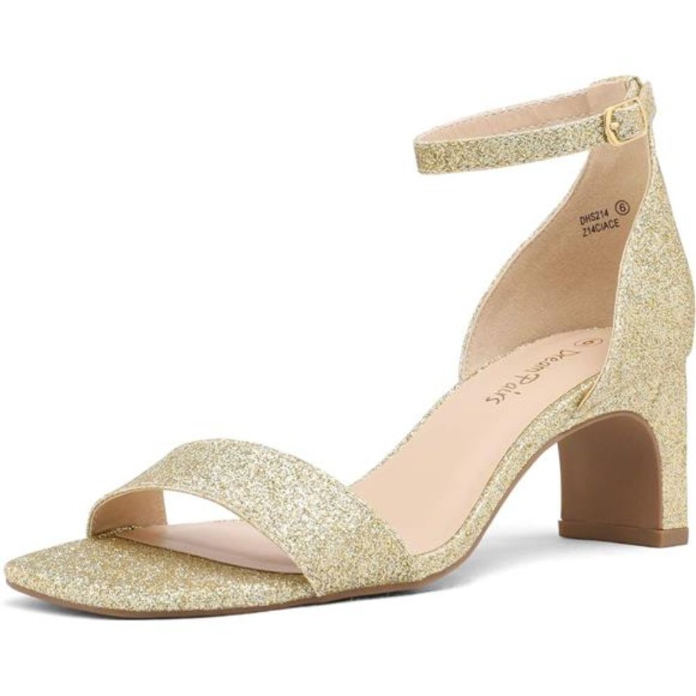 Women's Square Toe Low Block Chunky Heels Open Toe Ankle Strap Dress Pump Shoes
